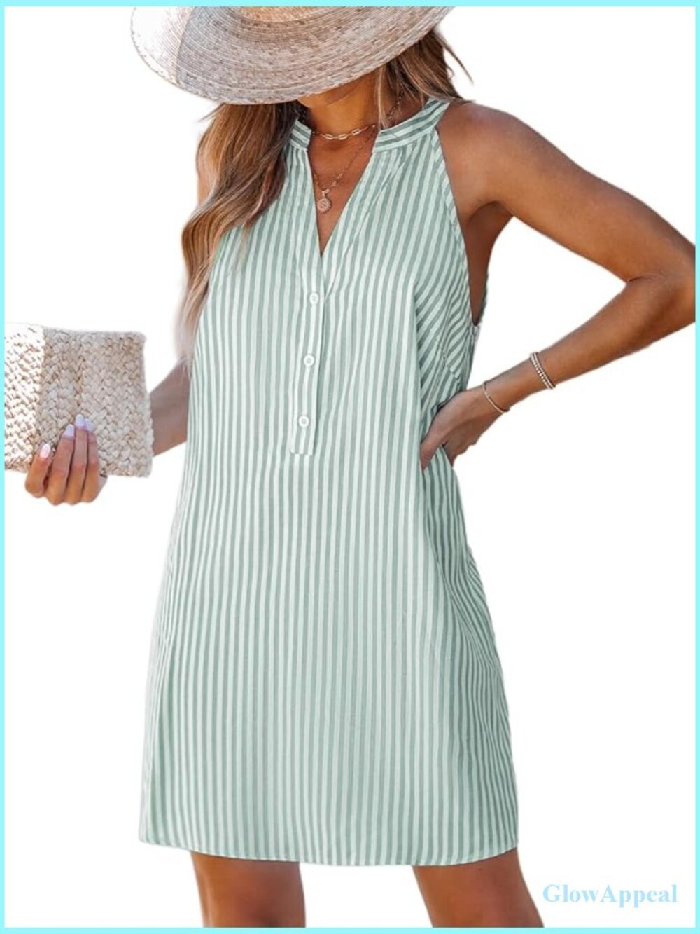 V Neck Sleeveless Striped Button Up Mini Dress Shift Silhouette
